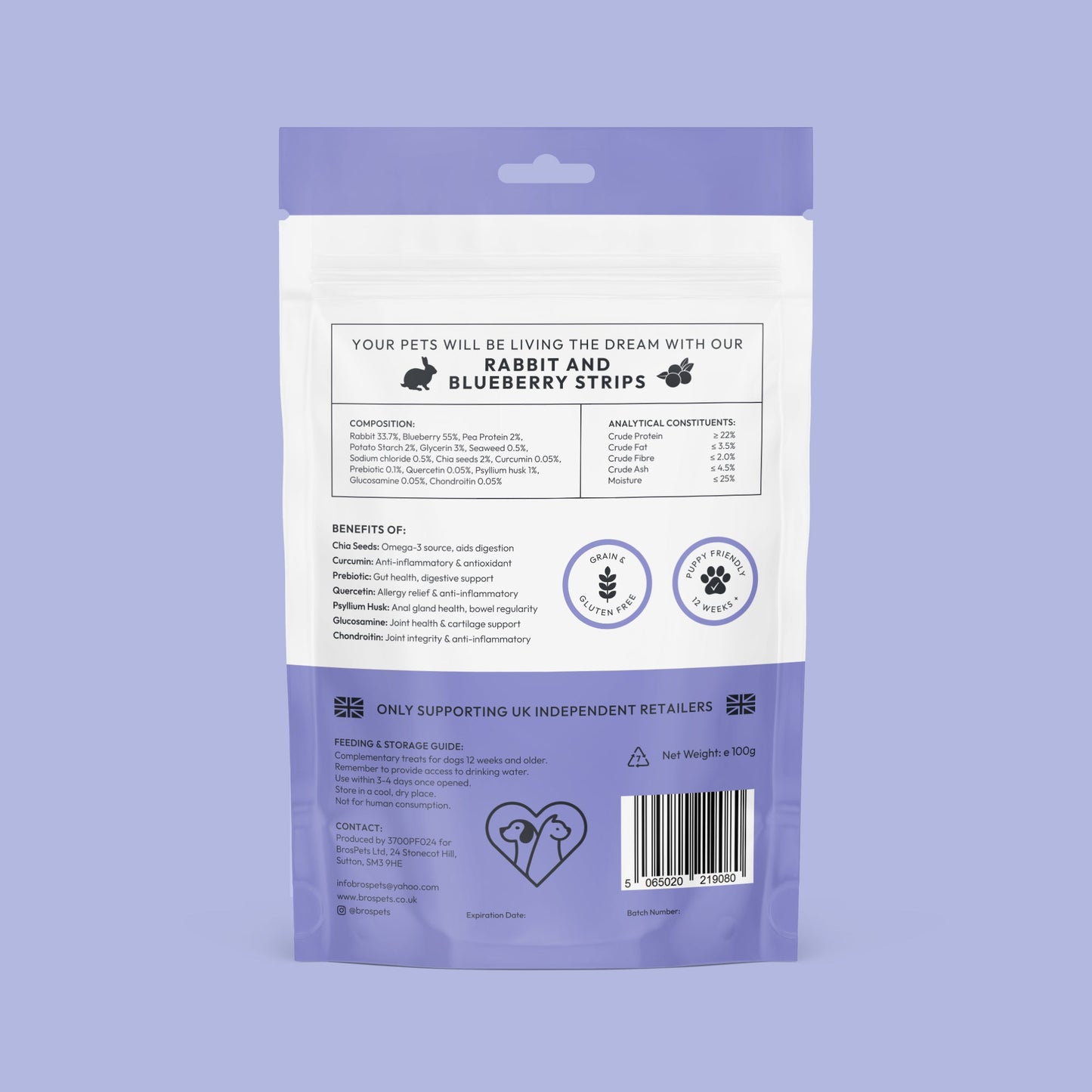 Bros Pets Rabbit and Blueberry Strips 100g