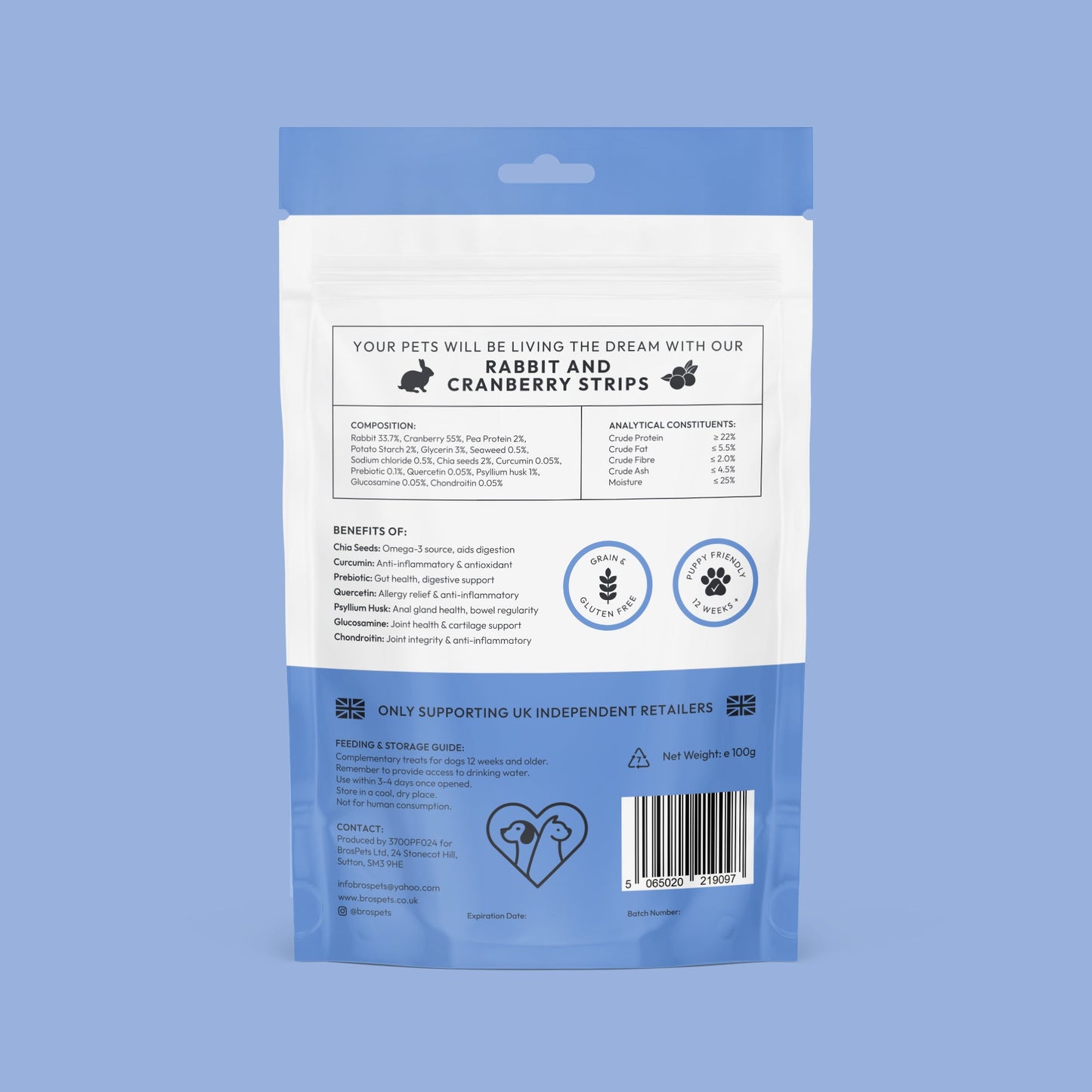 Bros Pets Rabbit and Cranberry Strips 100g