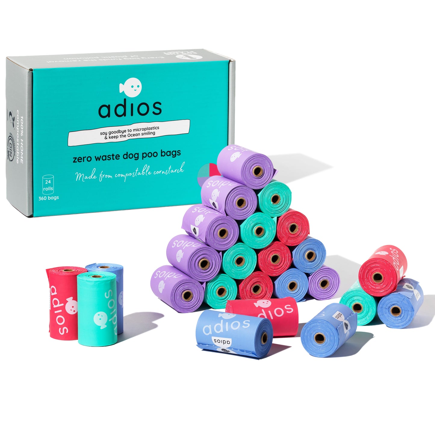 Adios Poo Bags RAINBOW Bulk box of 24 rolls